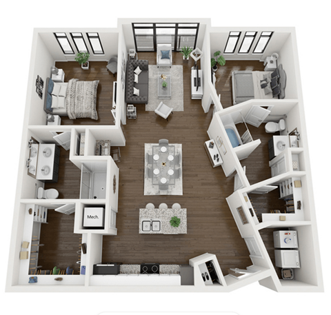 Floor plan for 2 beds, 2 baths, 1266 sqft